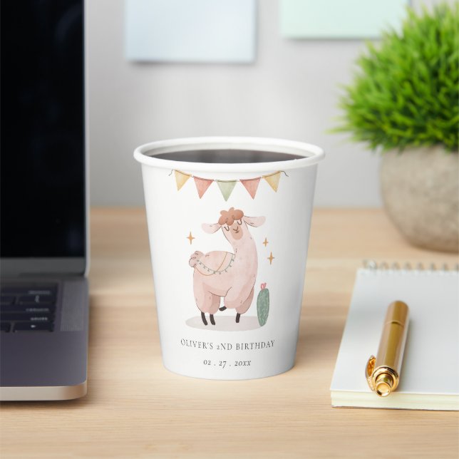 Cute Pastel Cactus Boho Llama Any Age Birthday Paper Cups (Insitu)