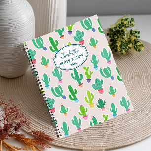Cute Pastel Cactus Monogram Script Name  Notebook