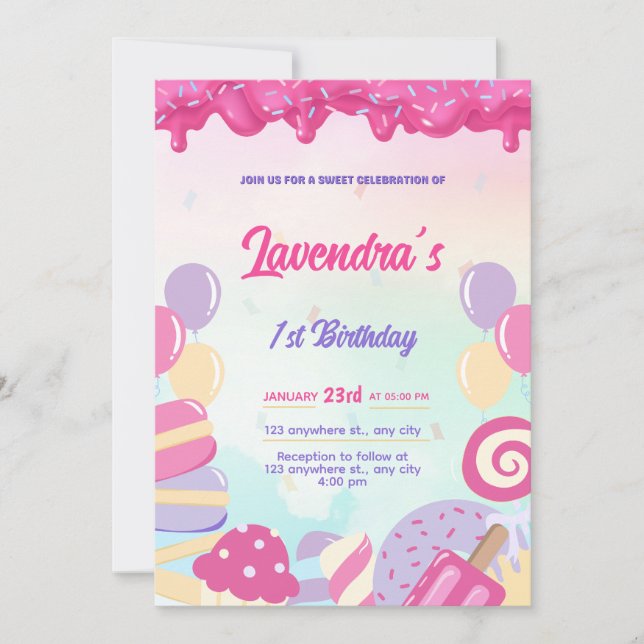 Cute Pastel Candy Birthday Invivation Card (Front)