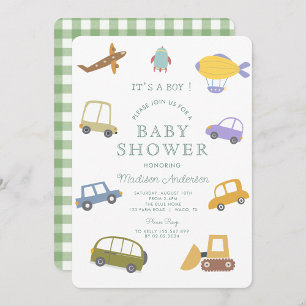 Cute Pastel Car Truck Plane Rocket Baby Shower Invitation