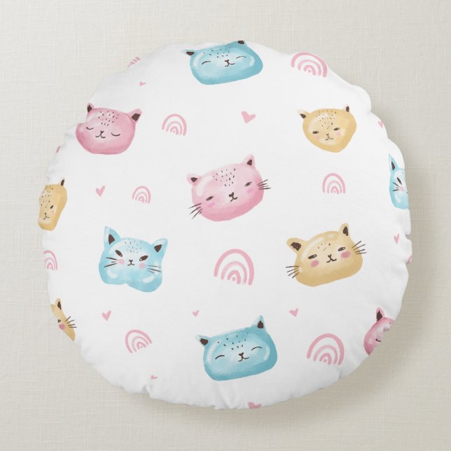Cute Pastel Cat Faces Pattern Round Pillow (Front)