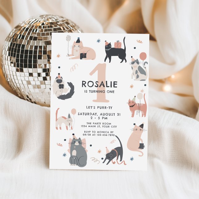 Cute Pastel Cat Girls First Birthday Invitation (Girls Cat Birthday Invitation)