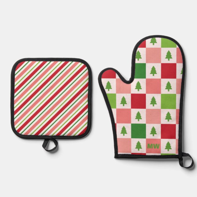 Cute Pastel Christmas Oven Mitt & Pot Holder Set (Front)