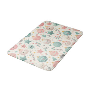 Cute Pastel Christmas Pattern Ornaments and Stars Bath Mat
