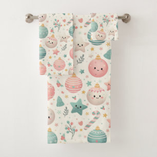 Cute Pastel Christmas Pattern Ornaments and Stars Bath Towel Set