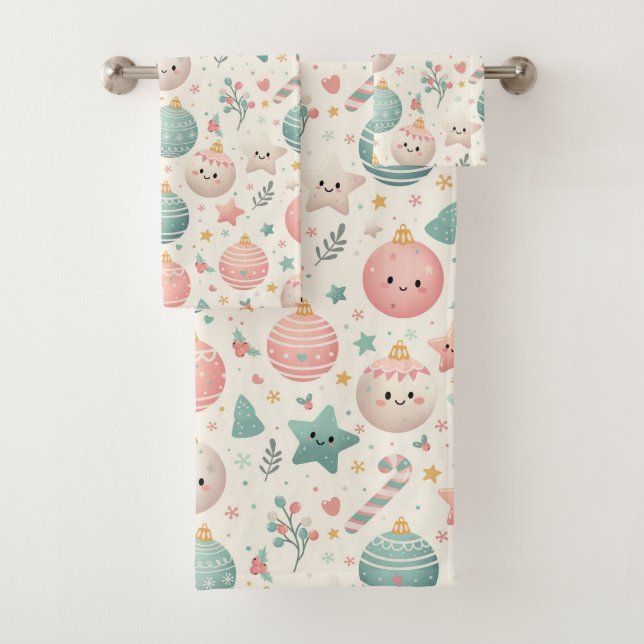 Cute Pastel Christmas Pattern Ornaments and Stars Bath Towel Set (Insitu)