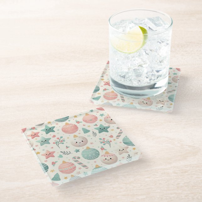 Cute Pastel Christmas Pattern Ornaments and Stars Glass Coaster (Angled)