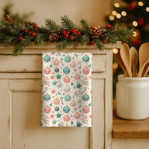 Cute Pastel Christmas Pattern Ornaments and Stars Kitchen Towel