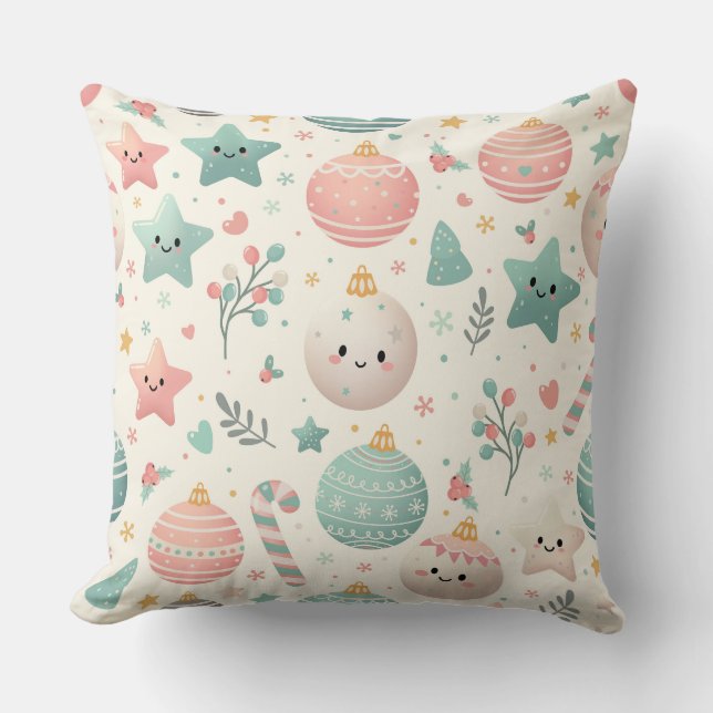 Cute Pastel Christmas Pattern Ornaments and Stars Throw Pillow (Front)