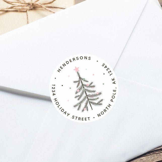 Cute Pastel Christmas Tree Return Address  Classic Round Sticker (Creator Uploaded)