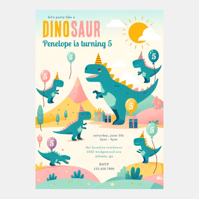 Cute Pastel Colour Dinosaur 5th Birthday Invitatio Invitation (Front)