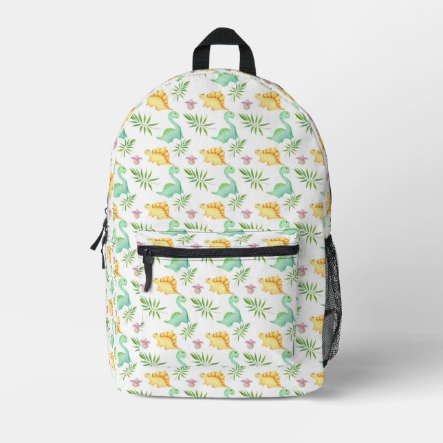 Cute Pastel Dinosaur & Palm Leaves Pattern Printed Backpack (Front)