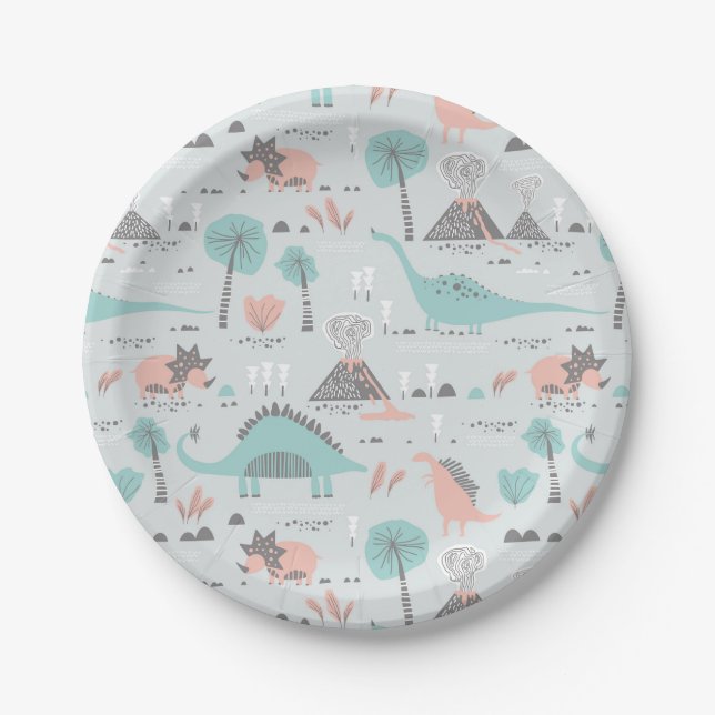 Cute Pastel Dinosaur Pattern Paper Plate (Front)