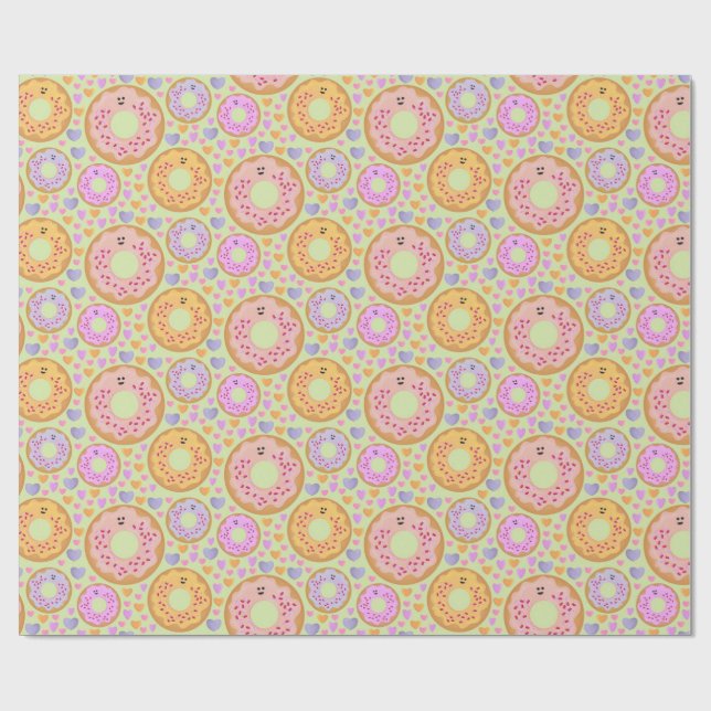 Cute Pastel Donuts & Hearts Wrapping Paper (Flat)