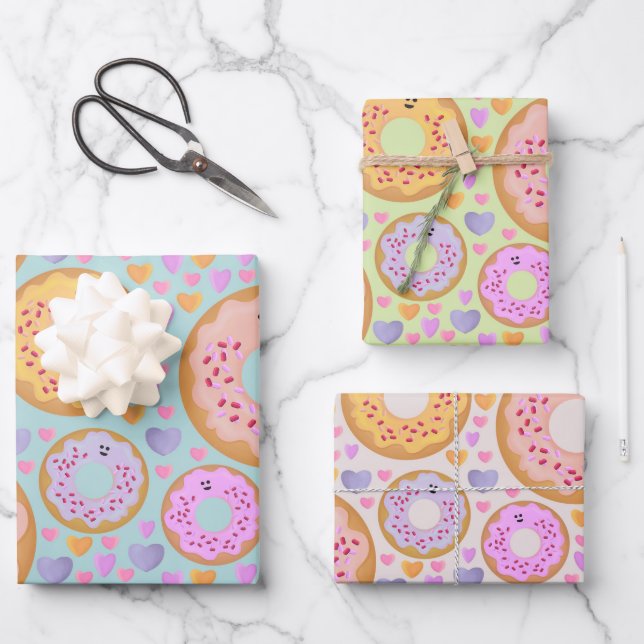 Cute Pastel Donuts & Hearts Wrapping Paper Sheet (Front)