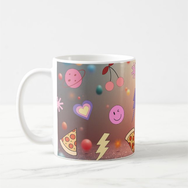 Cute Pastel Doodle Pattern Pizza Cherry Smiley Coffee Mug (Left)