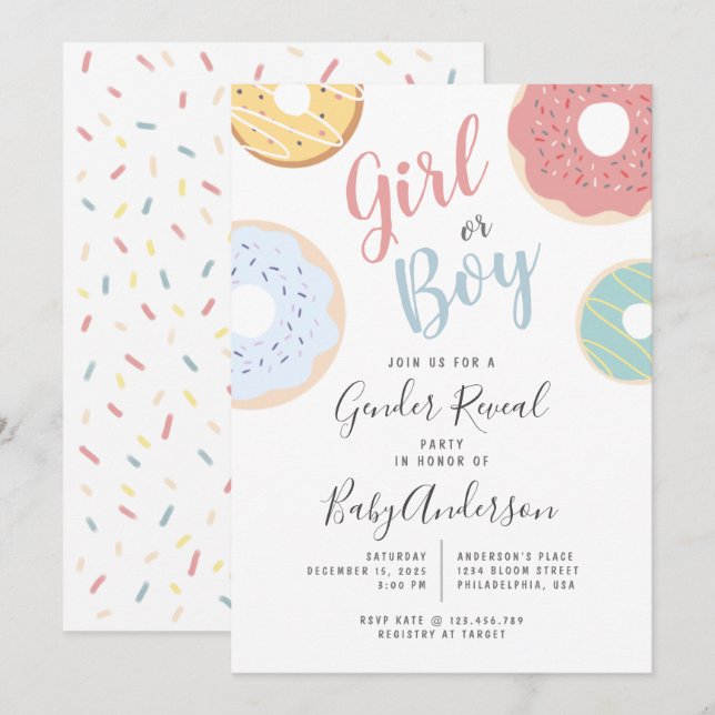 Cute Pastel Doughnuts Girl or Boy Gender Reveal Invitation (Front/Back)