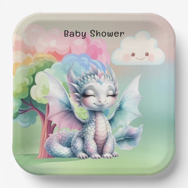 Cute Pastel Dragon Baby Shower Paper Plate (Front)