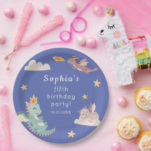 Cute Pastel Dragon Kids Birthday Party Paper Plate