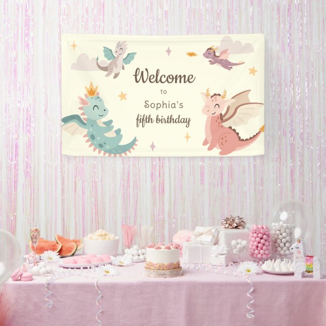 Cute Pastel Dragons Kids Birthday Party Banner (Party)