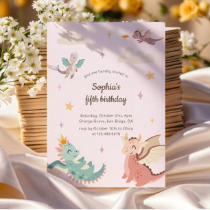 Cute Pastel Dragons Kids Birthday Party Invitation
