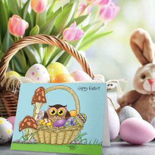 Cute Pastel Easter Basket Owl Eggs Mushrooms Card
