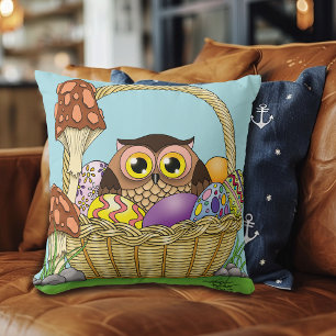 Cute Pastel Easter Basket Owl Eggs Mushrooms Throw Pillow