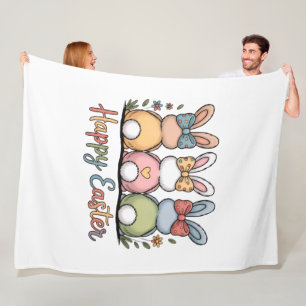 Cute Pastel Easter Bunnies   Whimsical Floral Happ Fleece Blanket