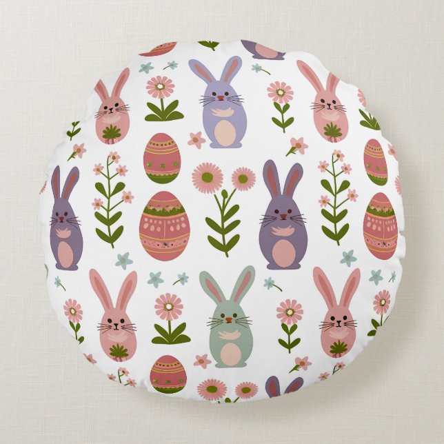 Cute Pastel Easter Bunny and Egg Seamless Pattern Round Pillow (Front)