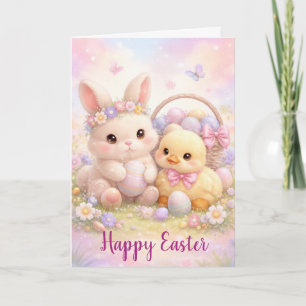 Cute Pastel Easter Bunny & Duck Holiday Card