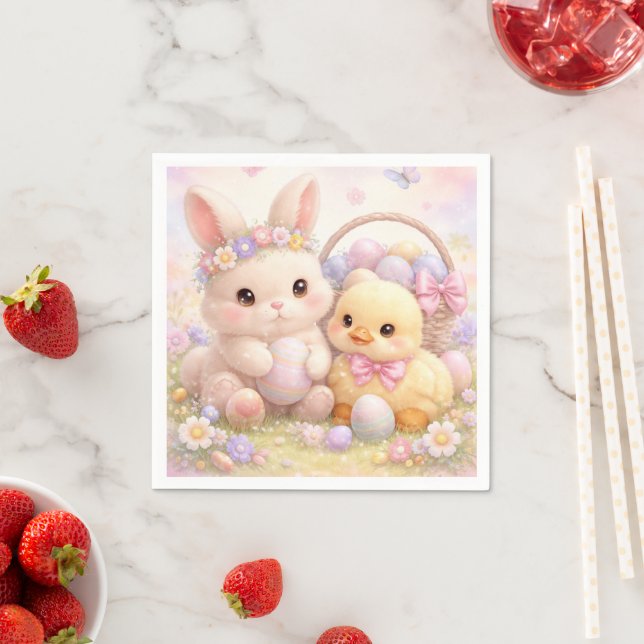 Cute Pastel Easter Bunny & Duck Napkin (Insitu)