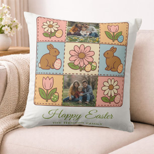 Cute Pastel Easter Bunny Flower Patchwork 2 Photo  Throw Pillow