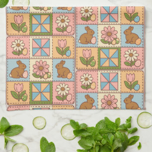 Cute Pastel Easter Bunny Flower Patchwork  Kitchen Towel