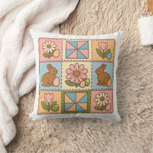 Cute Pastel Easter Bunny Flower Patchwork  Throw Pillow