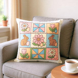 Cute Pastel Easter Bunny Flower Patchwork  Throw Pillow