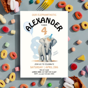 Cute Pastel Elephant Safari Zoo Boy Watercolor Invitation