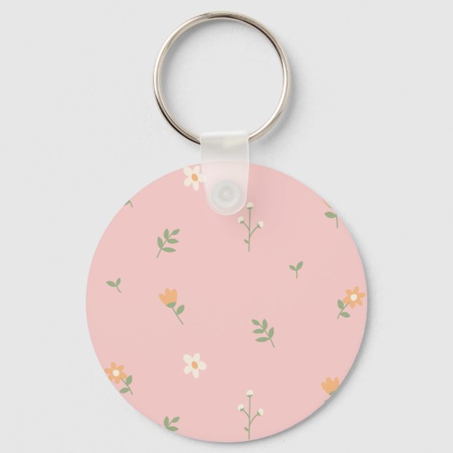Cute Pastel Floral Pattern on Pink Background Keychain (Front)