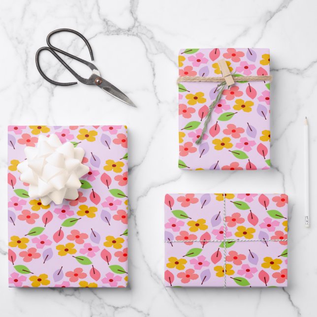 Cute Pastel Floral Pattern Soft Pink Girly Wrapping Paper Sheet (Front)