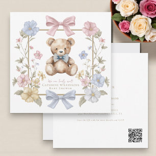 Cute pastel Floral Teddy Bear Baby Shower QR code Invitation