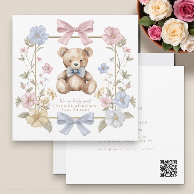 Cute pastel Floral Teddy Bear Baby Shower QR code  Invitation (Creator Uploaded)