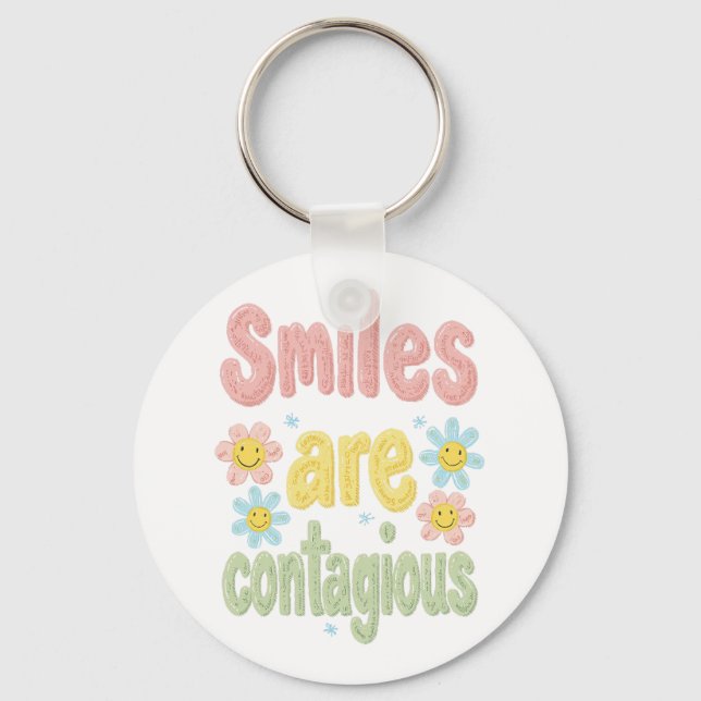 Cute Pastel Flower Smiles Are Contagious Keychain (Front)