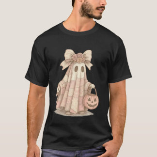 Cute Pastel Ghost with Coquette Bow Pumpkin Bucket T-Shirt