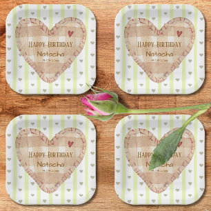 Cute pastel girly heart pattern Green and brown Paper Plate
