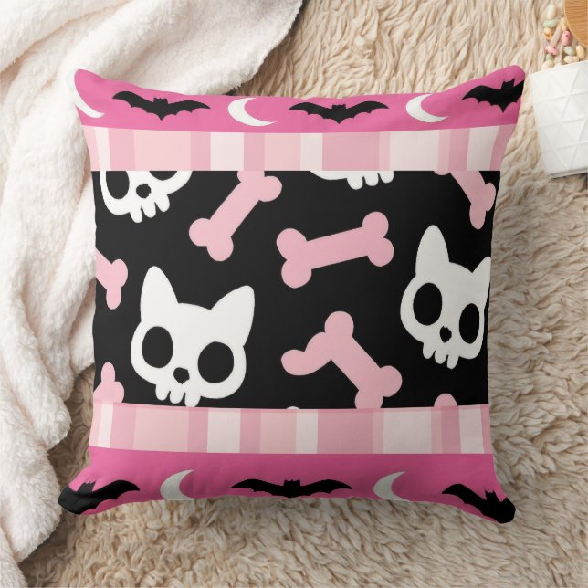 Cute Pastel Goth Halloween Cat & Bat  Throw Pillow (Blanket)