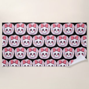 Cute Pastel Goth Skull with Bow Beach Towel