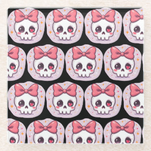 Cute Pastel Goth Skull with Bow Glass Coaster