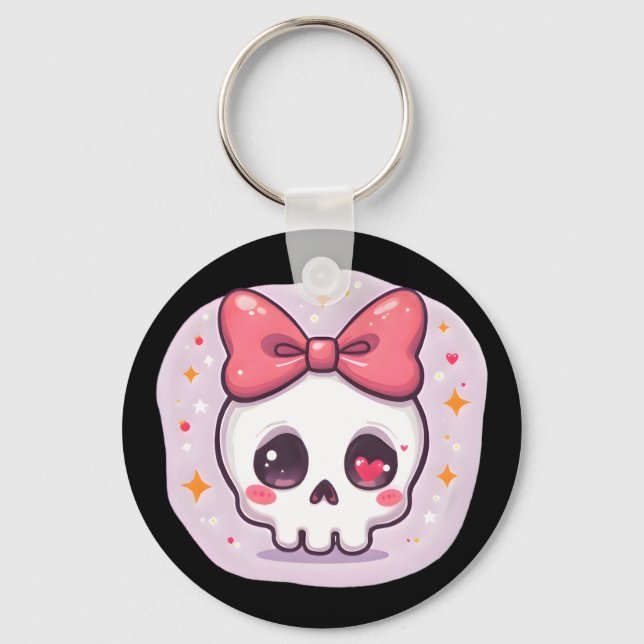 Cute Pastel Goth Skull with Bow Keychain (Front)