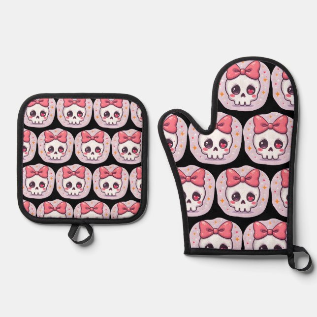 Cute Pastel Goth Skull with Bow Oven Mitt & Pot Holder Set (Front)