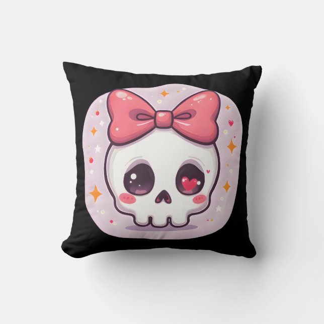 Cute Pastel Goth Skull with Bow Throw Pillow (Front)