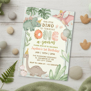 Cute Pastel Green Dinosaur One-A-Sauraus Birthday  Invitation